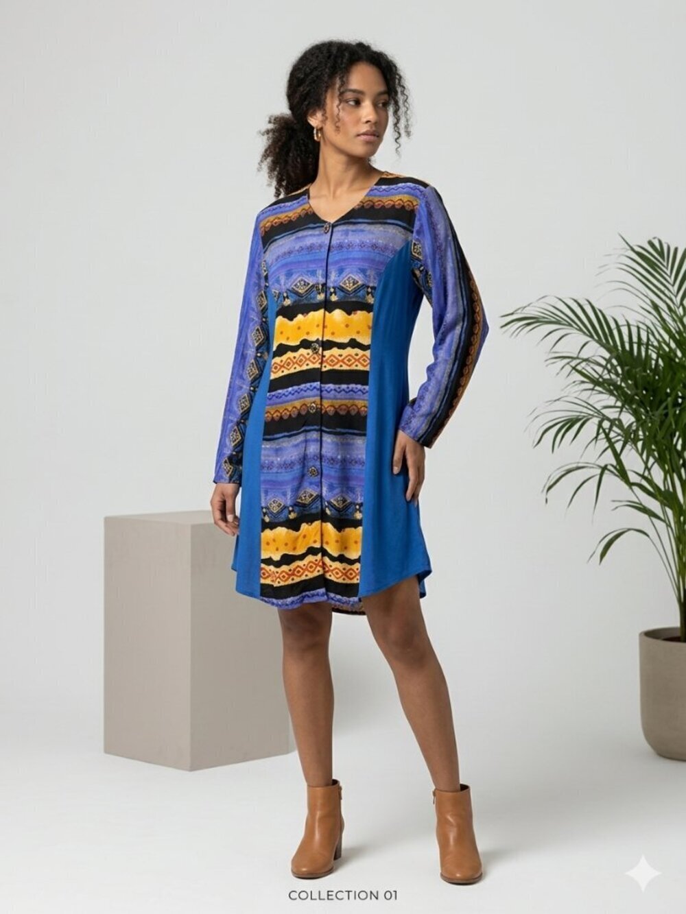 Anthony Mark Hankins Women's L Blue Tribal Tie Back Button Up Jacket Dress Top